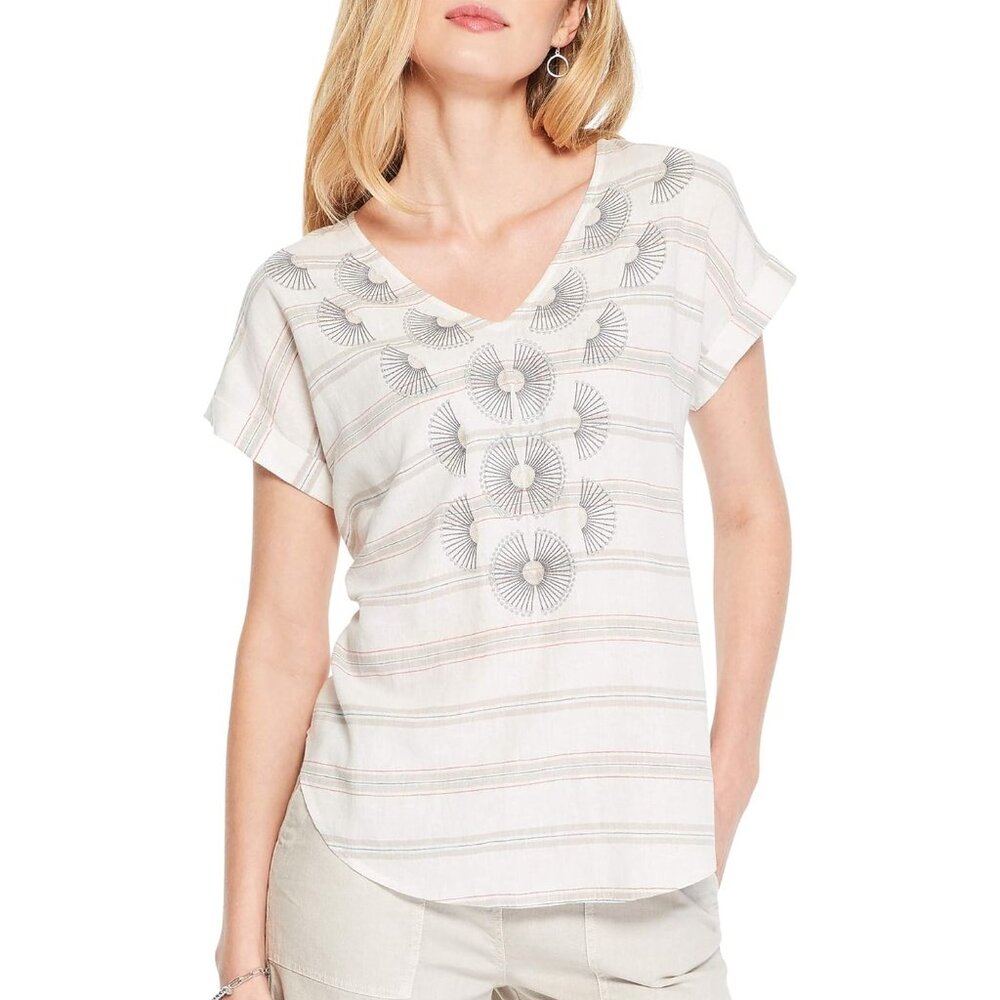 Nic & Zoe Embroidered Stripe Top - Neutral Multi color